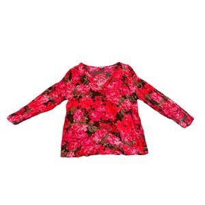 J. Jill Womens Long Sleeve Red Floral Rayon Blouse Size M